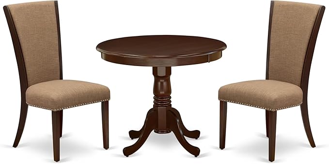 East West Furniture ANVE3-MAH-47 3 Piece Dining Table Set for Small Spaces Contains a Round Kitchen Table with Pedestal and 2 Light Sable Linen Fabric Parson Chairs, 36x36 Inch, Linen White