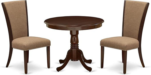 East West Furniture ANVE3-MAH-47 3 Piece Dining Table Set for Small Spaces Contains a Round Kitchen Table with Pedestal and 2 Light Sable Linen Fabric Parson Chairs, 36x36 Inch, Linen White