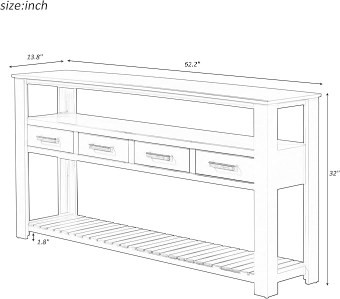 Ball & Cast 62.2“ Contemporary 4 Drawers Console Table, Long Entryway Table with Drawer & 3 Tier Shelves, Modern Storage Sofa Table, Farmhouse Wood Couch Table for Entrance Hallway Living,Black