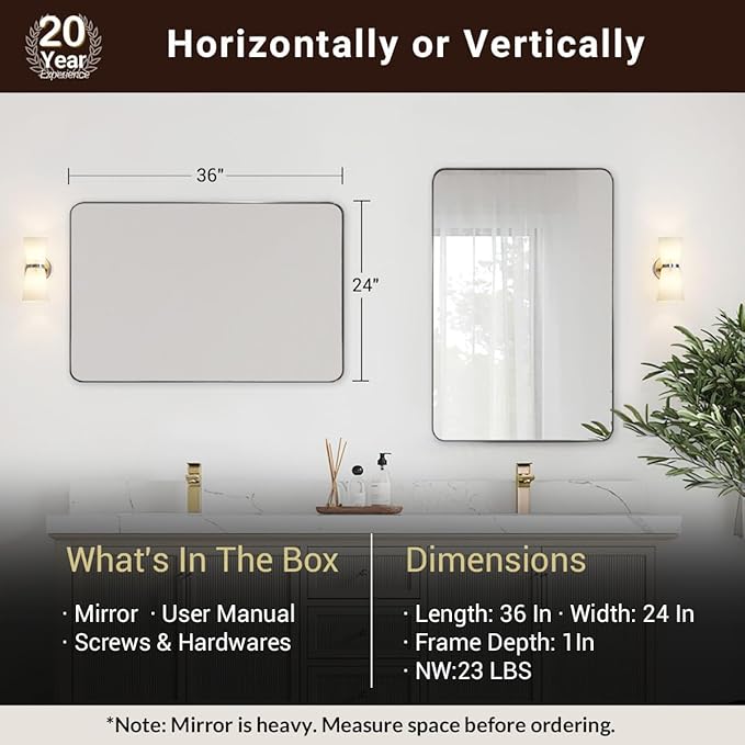 ANDY STAR Wall Mirror Brushed Nickel for Bathroom, 24x36x1 Rounded Rectangle Mirror with Stainless Steel Silver Metal Frame, Modern Bathroom Vanity Mirror