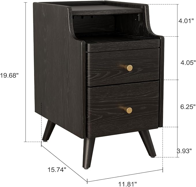 Small Nightstand with Drawers, Solid Wood Bedside Table, Narrow Walnut Nightstand for Bedroom