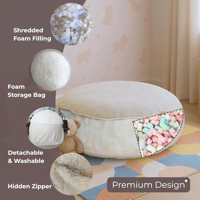 Wonder Space Bean Bag Chair – Soft Foam Filling | Removeable & Washable Cover | Ultra-Soft Plush Fabric - Minimalist Floor Cushion for Kids & Adults, Gaming, Reading and Relaxing, Beige