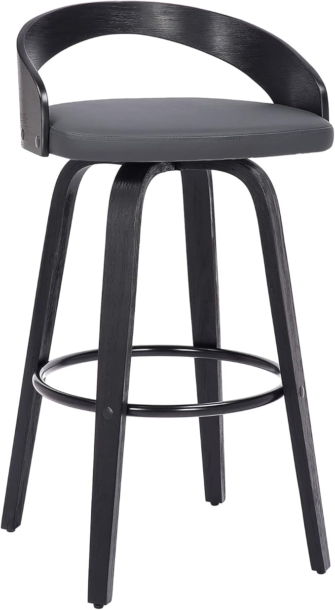 Armen Living Sonia 30" Bar Height Swivel Gray Faux Leather and Black Wood Bar Stool