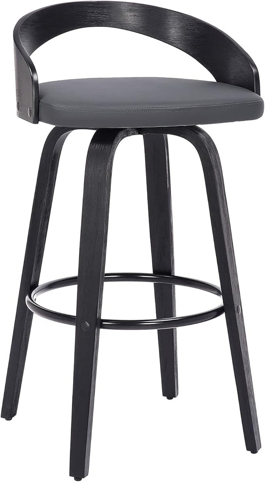 Armen Living Sonia 30" Bar Height Swivel Gray Faux Leather and Black Wood Bar Stool