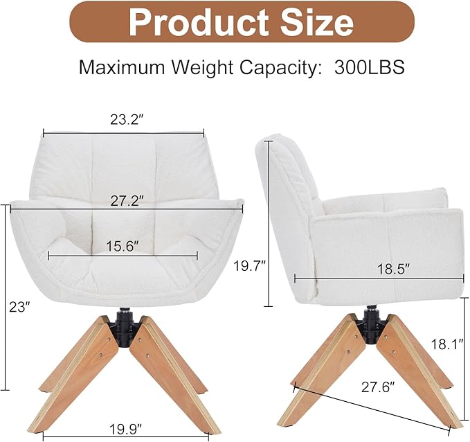 Mid Century Accent Chair, Lambs Wool Vanity Chair Modern Cozy Desk Chair no Wheels with Amrest, Wood Legs for Living Room, Reading Room, Bedroom, White
