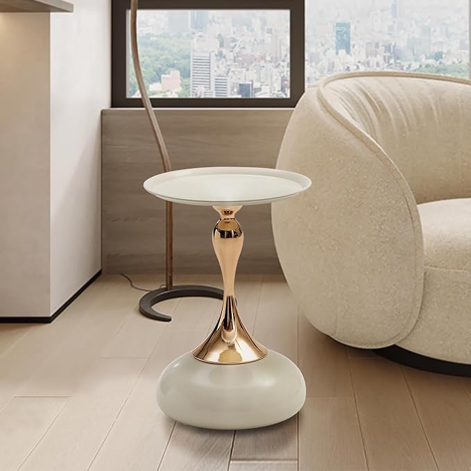 White Pedestal Side Table for Small Spaces, Metal Round Unique End Tables Living Room Modern Corner Accent Table, Martini Table Small Drink Table for Couch, Sofa, Recliner