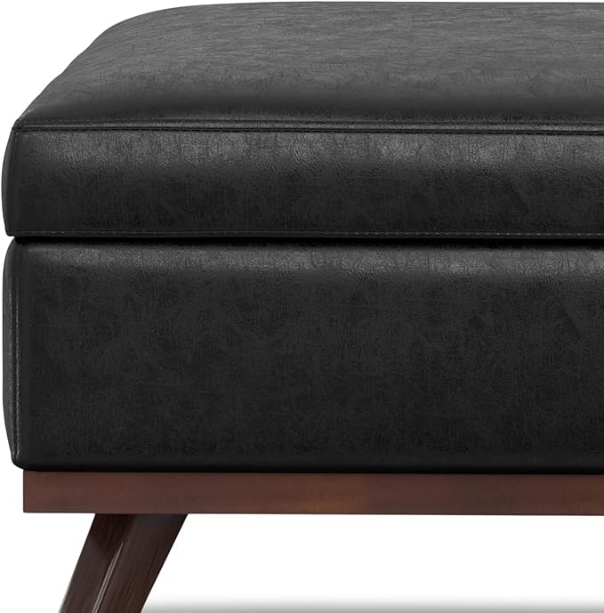 SIMPLIHOME Owen 40 inch Wide Mid Century Modern Square XL Coffee Table Storage Ottoman in Distressed Black Vegan Faux Leather, Assembled, for The Living Room, Entryway and Family Room