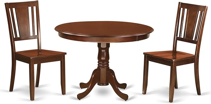 East West Furniture HLDU3-MAH-W 3 Piece Dining Set Contains a Round Dining Room Table with Pedestal and 2 Kitchen Chairs, 42x42 Inch, Mahogany