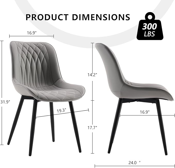 YOUNIKE Dining Chairs Set of 2 with High Backs Grey Mid Century Modern Kitchen & Dining Room Chairs PU Faux Leather Upholstered Wide Seat Accent Chair Comfortable Large Padded Side Living Room Chairs