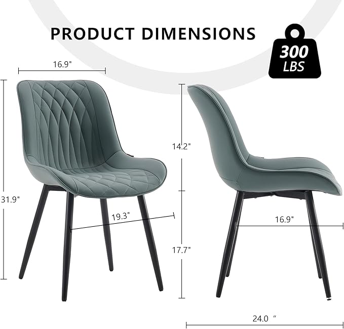 YOUNIKE Dining Chairs Set of 2 with High Back Mid Century Modern Kitchen & Dining Room Chairs PU Faux Leather Upholstered Wide Comfortable Padded Accent Chair for Living Room Bedroom Greyish Green