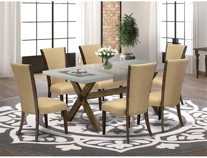 East West Furniture X797VE703-7 7 Piece Dining Set Consist of a Rectangle Dining Room Table with X-Legs and 6 Brown Linen Fabric Upholstered Parson Chairs, 40x72 Inch, Multi-Color