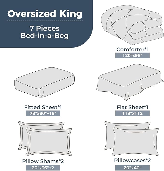 HEVUMYI 120x98 Oversized King Comforter Set - 7-Piece All Season Bed in a Bag Oversized King, Ultra Soft Bedding Set with 120 x 98 Comforter, Flat Sheet, Fitted Sheet, Pillowcases, Dark & Light Grey