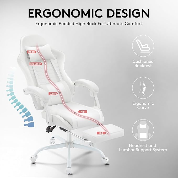 White Gaming Chair,Computer Office Chair with Footrest,Massage Lumbar Support and Gel Pad,Ergonomic Reclining Adjustable Leather Gamer Chair with Headrest and Spring Cushion White