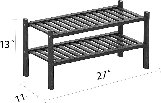 Shoe Rack 2-Tier Organizer-Stackable Storage Shelf with Multi-Function Combinations-Free Standing Bamboo Shoe Racks for Closet,Entryway,Hallway,Bathroom,Living Room Shoe Organization (Black, 2-Tier)