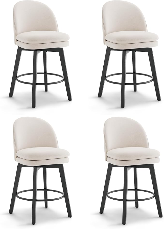 Counter Height Barstools 26 inch Upholstered Swivel Bar Stools with Back and Wood Legs for Kitchen Island,Set of 4,Beige Fabric-Armless