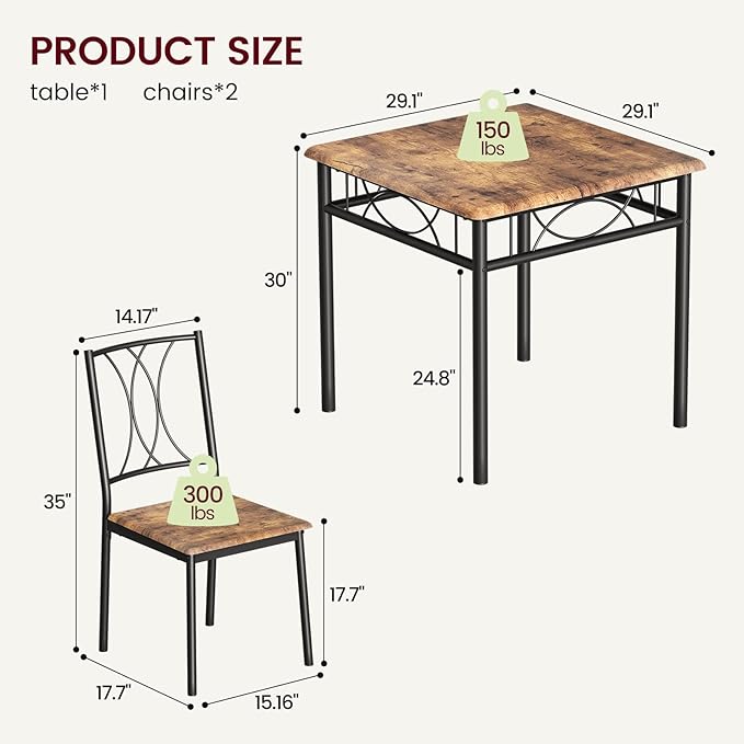 CABIHOME Dining Table Set for 2, 3 Piece Kitchen Table Set for 2, Square Kitchen Table Set of 2, Dining Table Set for Small Space, Apartment, Dining Room, Retro Brown