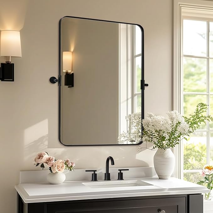 MOON MIRROR Matte Black Pivot Mirror Bathroom, Bathroom Tilt Rounded Rectangular for Vanity, Overall 32.33 x 36 in (Mirror 28x36 in)