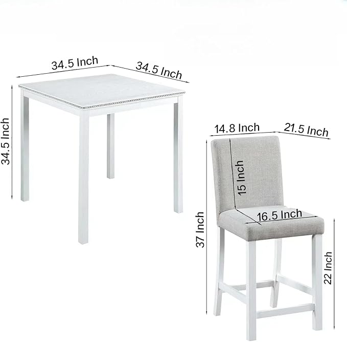 5PCS Modern White Counter Height Dining Table Set, Square Table with Crystal Decoration and 4 Upholstered Chairs for Kitchen, Dining Room
