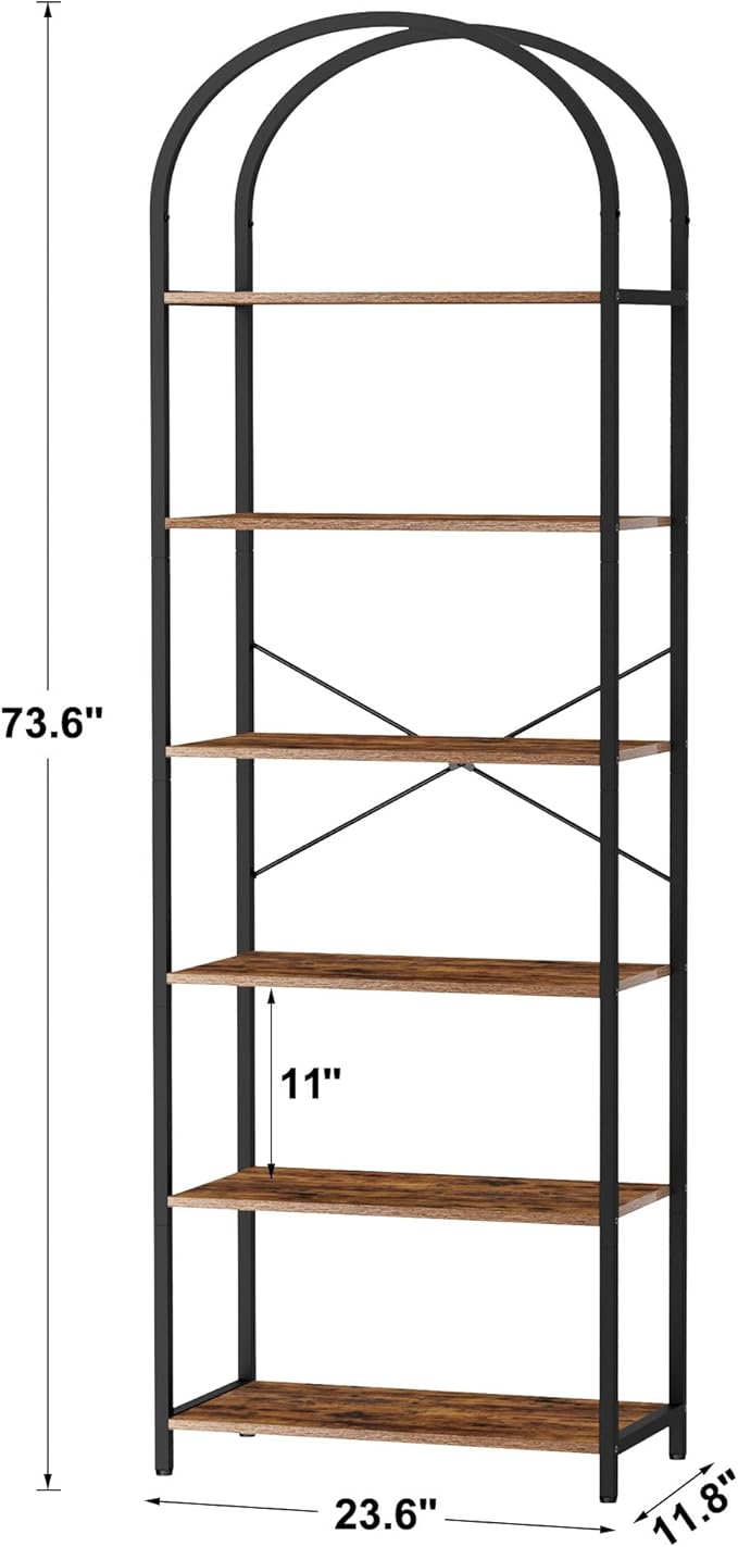 Homhedy 6-Tier Bookshelf Arched Display Racks, Wood and Metal Bookcase, Tall Bookshelf, Industrial Display Standing Shelf Unit, for Home Office, Living Room, Bedroom, Bathroom, Rustic Brown