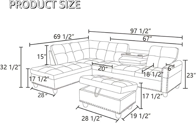 L Shaped Sectional Couches for Living Room, Modular 4 Seat Sofa with Ottoman Storage, Modern Couch with Chaise for Bedroom Apartment Furniture, Black