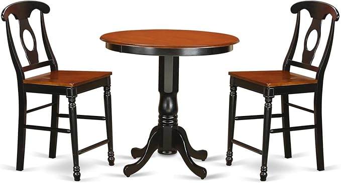 East West Furniture JAKE3-BLK-W 3 Piece Counter Height Dining Table Set Contains a Round Kitchen Table with Pedestal and 2 Dining Room Chairs, 36x36 Inch, Black & Cherry