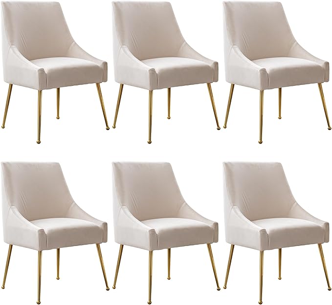 Modern Velvet Dining Chairs Set of 6, Contemporary Upholstered Furniture Collection with Polished Gold Metal Legs, Elegant Accent Chairs for Kitchen Living Room(White)