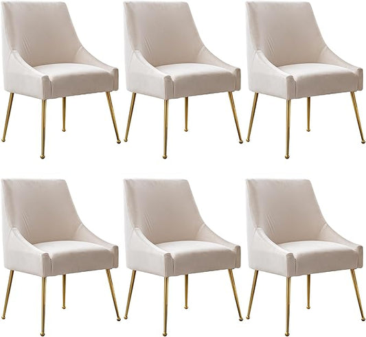 Modern Velvet Dining Chairs Set of 6, Contemporary Upholstered Furniture Collection with Polished Gold Metal Legs, Elegant Accent Chairs for Kitchen Living Room(White)