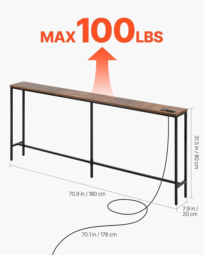 VEVOR Narrow Console Table, 70.9" Behind Couch Shelf with Power Outlets, 1-Tier Long Entryway Shelf, Narrow Sofa Table with Metal Frame and Charge Station, for Entryway, Hallway, Living Room