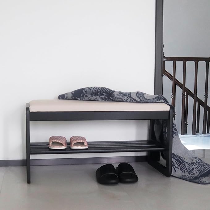 Solid Wood Shoe Rack, 2 Tier Shoe Storage Bench with Cushion Seat, 8 Pair Shoe Organizer for Entryway, Black, 32 Inch