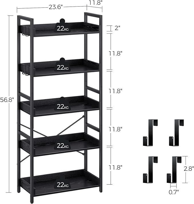 Rolanstar Bookshelf 5 Tier with 4 Hooks, Industrial Wood Bookcase, Vintage Storage Rack with Open Shelves, Rustic Standing Bookshelves Metal Frame Display Rack for Living Room, Bedroom, Black