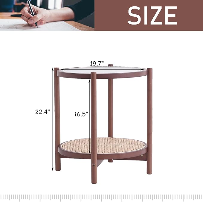Tiita Rattan Coffee Table, Round End Table, 2-Tier Modern Side Table, Small Bamboo Living Room Side Table, Glass Sofa End Table for Balcony and Office Outdoor/Indoor (Walnut)