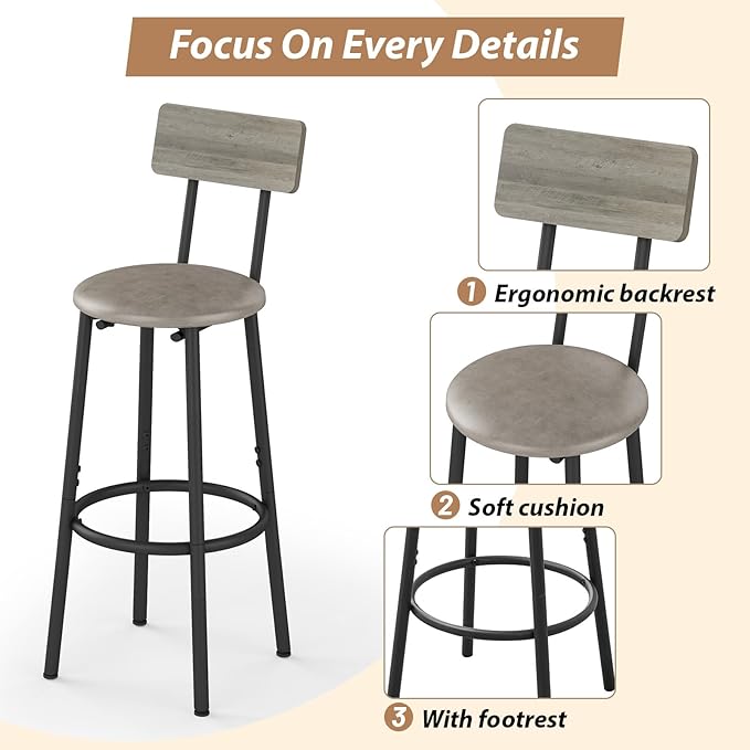Dining Table Set for 2, 3-Piece Bar Table and Chairs Set, Kitchen Table and Chairs, High Top Table with 2 PU Upholstered Stools, Space-Saving Pub Table Sets for Small Space, Gray