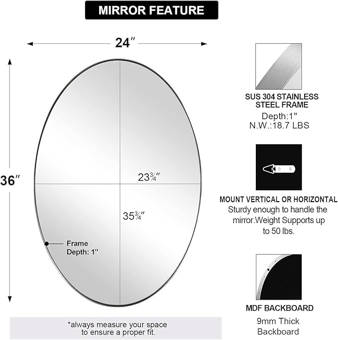 ANDY STAR Polished Chrome Oval Mirrors for Bathroom, 24x36 Inch Silver Stainless Steel Metal Framed Oval Wall Mirror, Modern Vanity Mirror Wall Mount Horizontal or Vertical