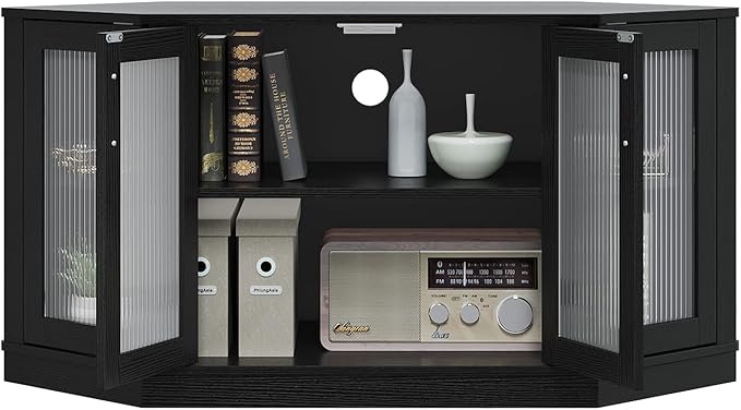 Panana Corner TV Stand - 47 Inch Media Console with 4 Doors and Shelves, Living Room Storage Entertainment Center for TVs up to 51 Inch (Black)
