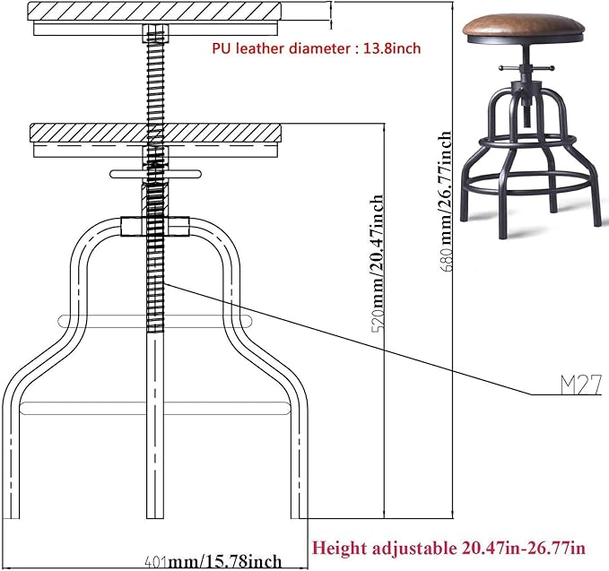Diwhy Industrial Vintage Counter Stool, Kitchen Counter Height Adjustable Swivel Chair, Metal Frame Stool, 20.47-26.77 Inch, Fully Welded Base, Brown PU Upholstered, Set of 2