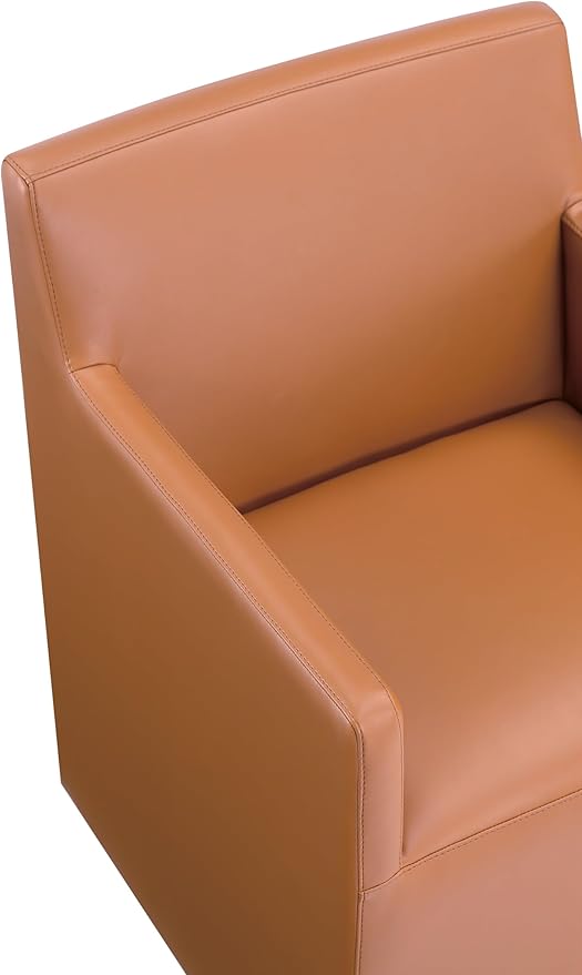 Manhattan Comfort Anna Square Modern Dining Chair with Arms, Head-to-Toe Faux Leather Upholstered Accent Armchair with Plastic Foot Padding, Set of 2, Saddle