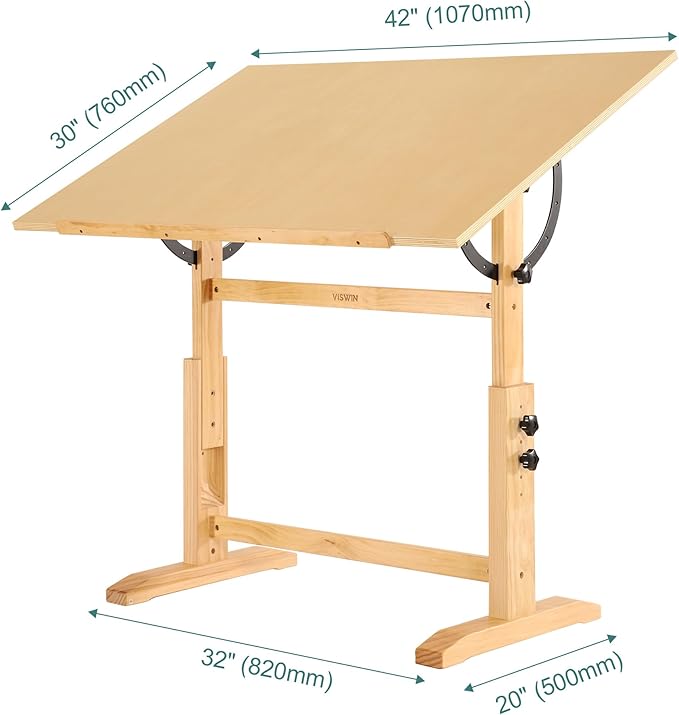VISWIN Wood Drafting Table for Adults, 30" X 42" Extra-Large Drawing Table with Adjustable Height & Angle for Art Studio, Solid Pine Wood Artist Desk for Drawing, Drafting, Writing, Reading