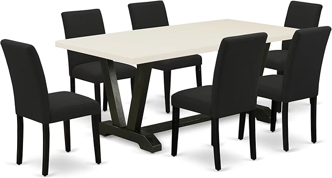 East West Furniture V627AB624-7 7 Piece Modern Dining Table Set Consist of a Rectangle Wooden Table with V-Legs and 6 Black Color Linen Fabric Parsons Dining Chairs, 40x72 Inch, Multi-Color