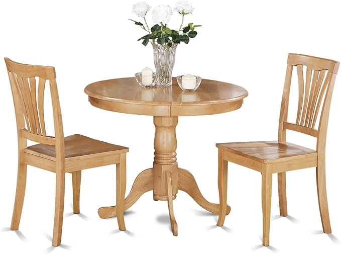 East West Furniture ANAV3-OAK-W 3 Piece Modern Dining Table Set Contains a Round Kitchen Table with Pedestal and 2 Dining Chairs, 36x36 Inch, Oak