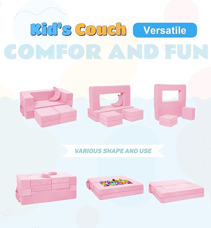 Modular Kids Sofa,Toddler Couch Foam Armchair for Kids, Children Convertible Plush Sofa Play Set,Fold Out SofaBed(Pink)