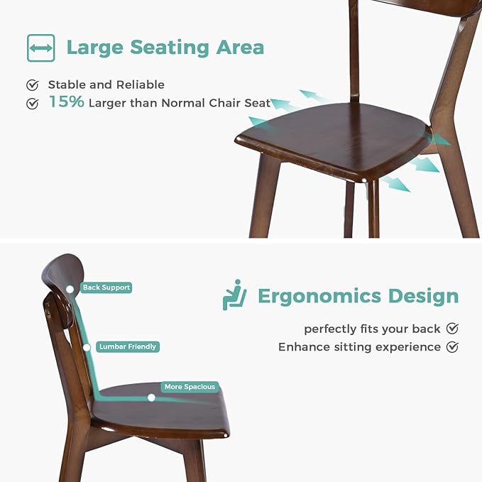 Solid Wood Dining Chairs Set of 2, Mid Century Modern Dining Room Chairs with Curved Backrest, Wooden Armless Kitchen Chairs for Dining Room, Space Saving, Walnut