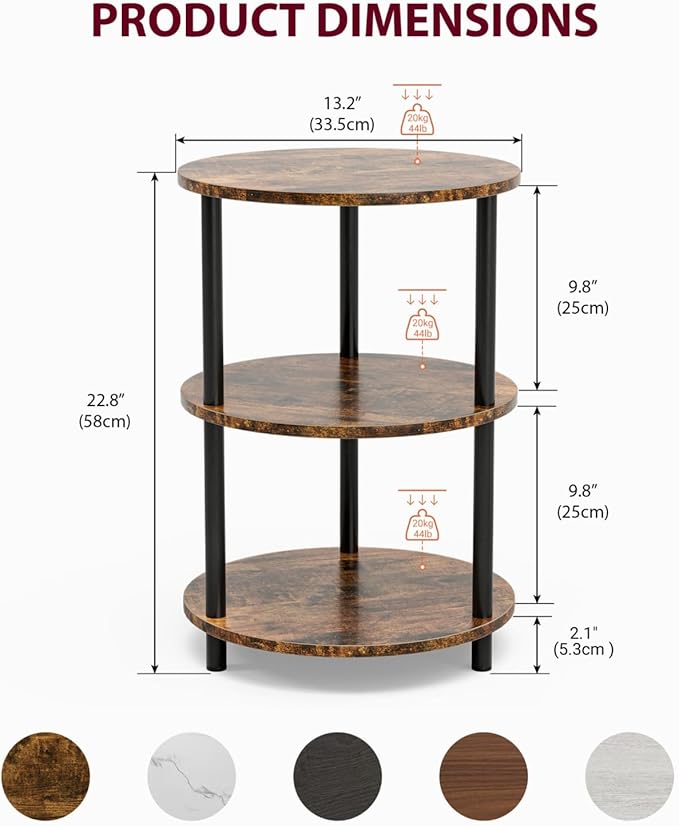Small Round End Table - 3 Tier Design Accent Table, Narrow Side or Bedside Stand, Industrial Vintage Nightstand for Bedroom, Living Room, or Small Spaces, Rustic Brown