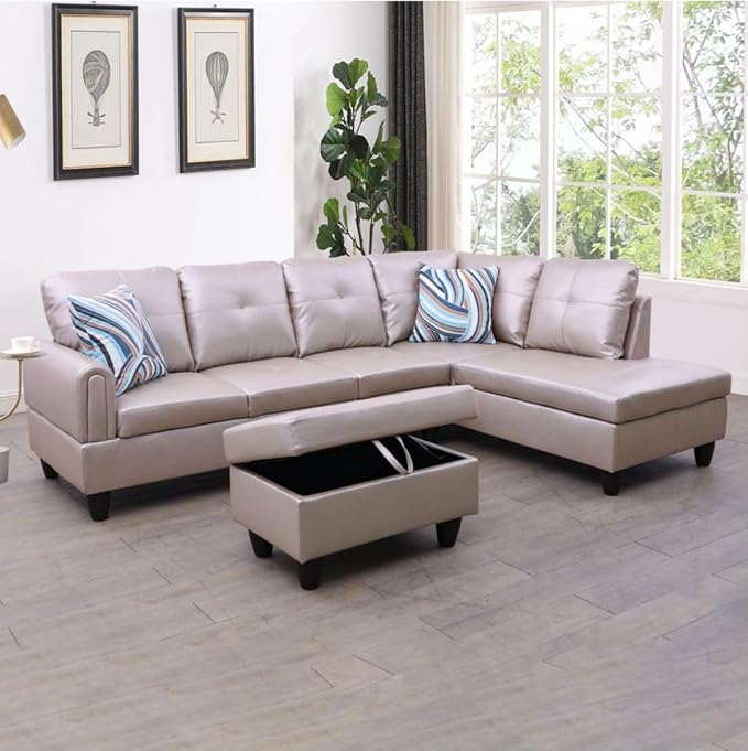Latte L-Shaped 3-Piece Faux Leather Sofa with Storage Ottoman Set, Sectional Couch Sofa Set for Living Room, Office, Small Space