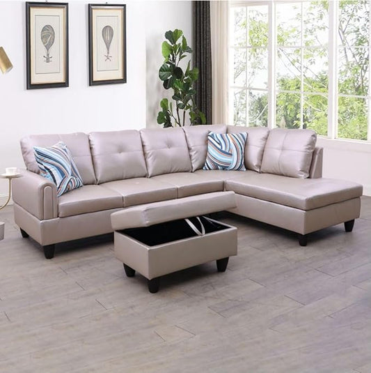 Latte L-Shaped 3-Piece Faux Leather Sofa with Storage Ottoman Set, Sectional Couch Sofa Set for Living Room, Office, Small Space