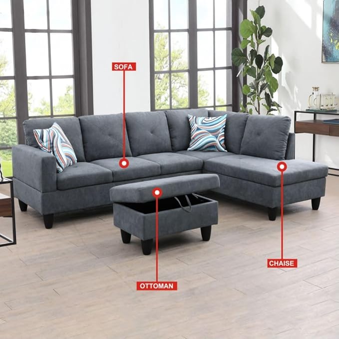 Dark Grey L-Shaped 3-Piece Flannelette Sofa with Storage Ottoman Set, Sectional Couch Sofa Set for Living Room, Office, Small Space