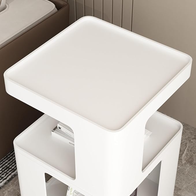 White Side Table, Modern Nightstand Metal End Table for Living Room Bedroom,Square Bedside Table-3 Tier Storage,Not Assemble Required