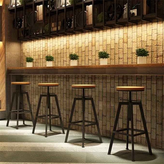 Diwhy Industrial Bar Stools, Kitchen Dining Chair, Wood Metal Stool, Adjustable Height Swivel Counter Height Chair, Black, Fully Welded Set of 2 (Brown Wooden Top)