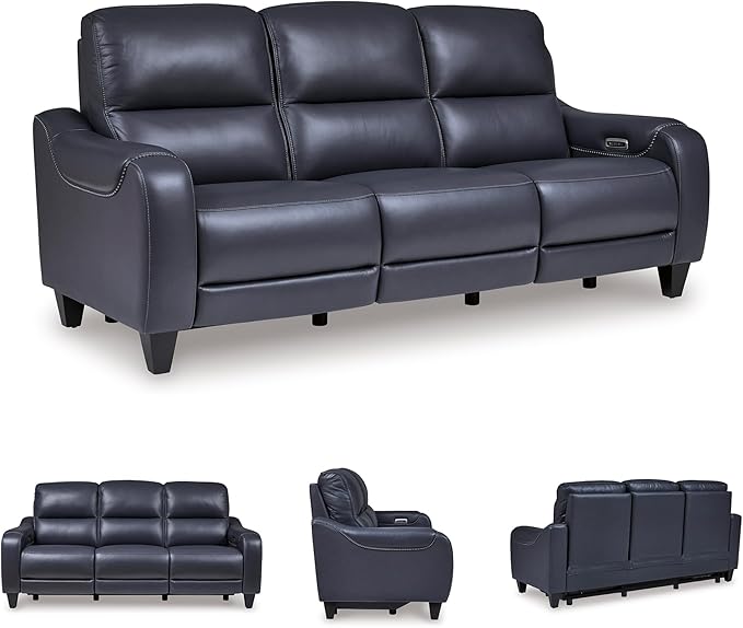 Signature Design by Ashley Mercomatic Contemporary Leather Match Wall Hugger Power Reclining Sofa with Adjustable Headrest and USB Ports, Blue