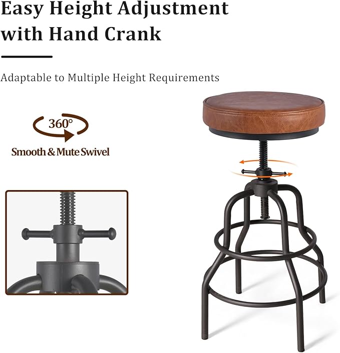 LOKKHAN Industrial Bar Stools-Swivel Leather Metal Bar Stool-20-27 Inch Tall Counter Height-Adjustable Kitchen Stool Dining Chair Cafe Stools (Set of 2)