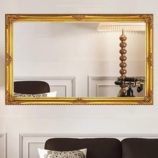 35" x 23" Large Antique Mirror, Gold Vintage Wall Mirror with Baroque Wood Frame for Elegant Victorian Living Room, Ornate Entryway Over Console